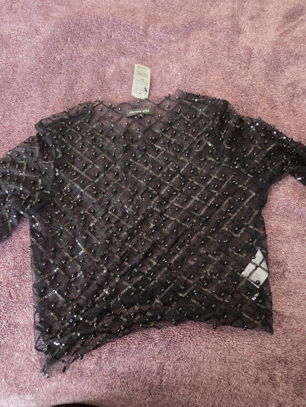Frenchi Black Sequin Mesh Short Sleeve Blouse